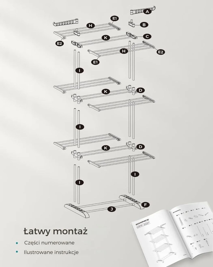 Suszarka na pranie ELTON z 4 poziomami na kółkach, 63,5x128x173cm, szary SongmicsHome
