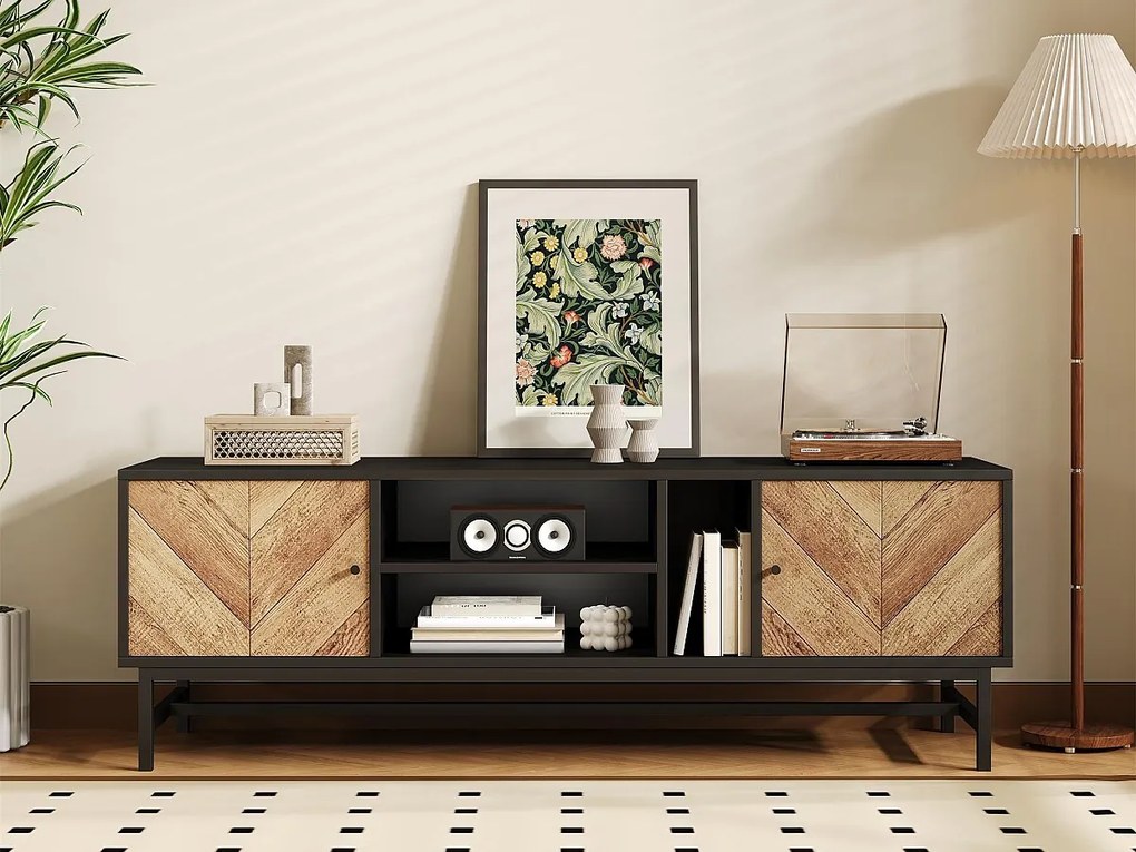 Meble TV 150x38x55cm - z półkami i 2 drzwiami - Naturalny + Czarny