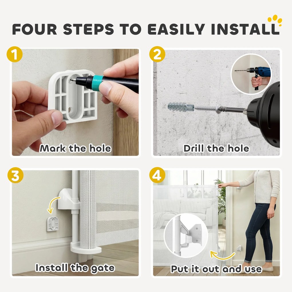 PawHut Rozsuwane ogrodzenie dla schodów i drzwi 0-140 cm z obsługą jedną ręką, dla dzieci i zwierząt, białe | Aosom PL