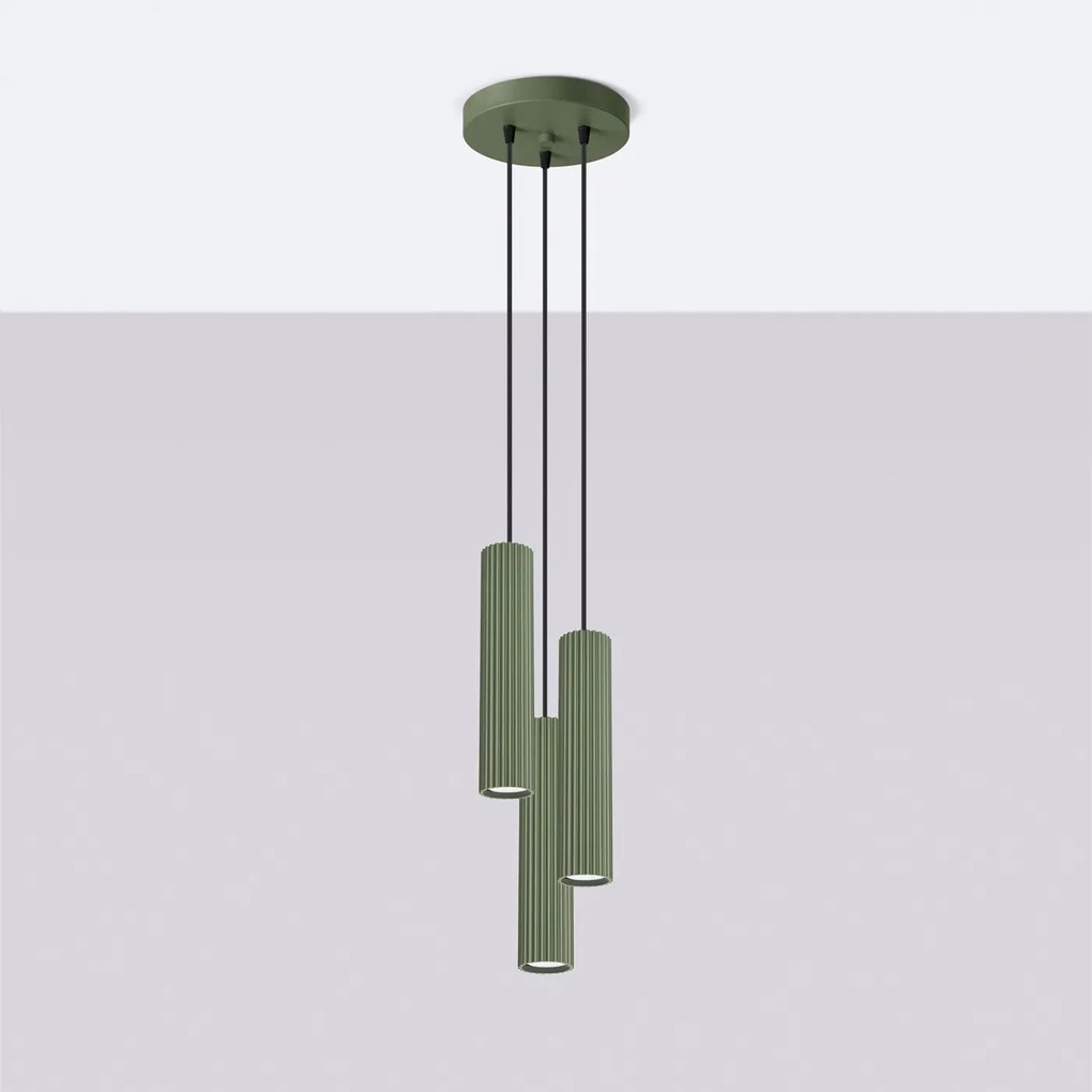 Lampa wisząca KARBON 3P zielona oliwka ryflowana SOLLUX  LIGHTING
