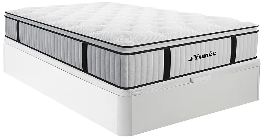 Zestaw 140 x 190 cm stelaż z białą skrzynią + materac o grub. 28 cm ze sprężynami kieszeniowymi i zintegrowaną nakładką - AMERICAN DREAM marki YSMÉE