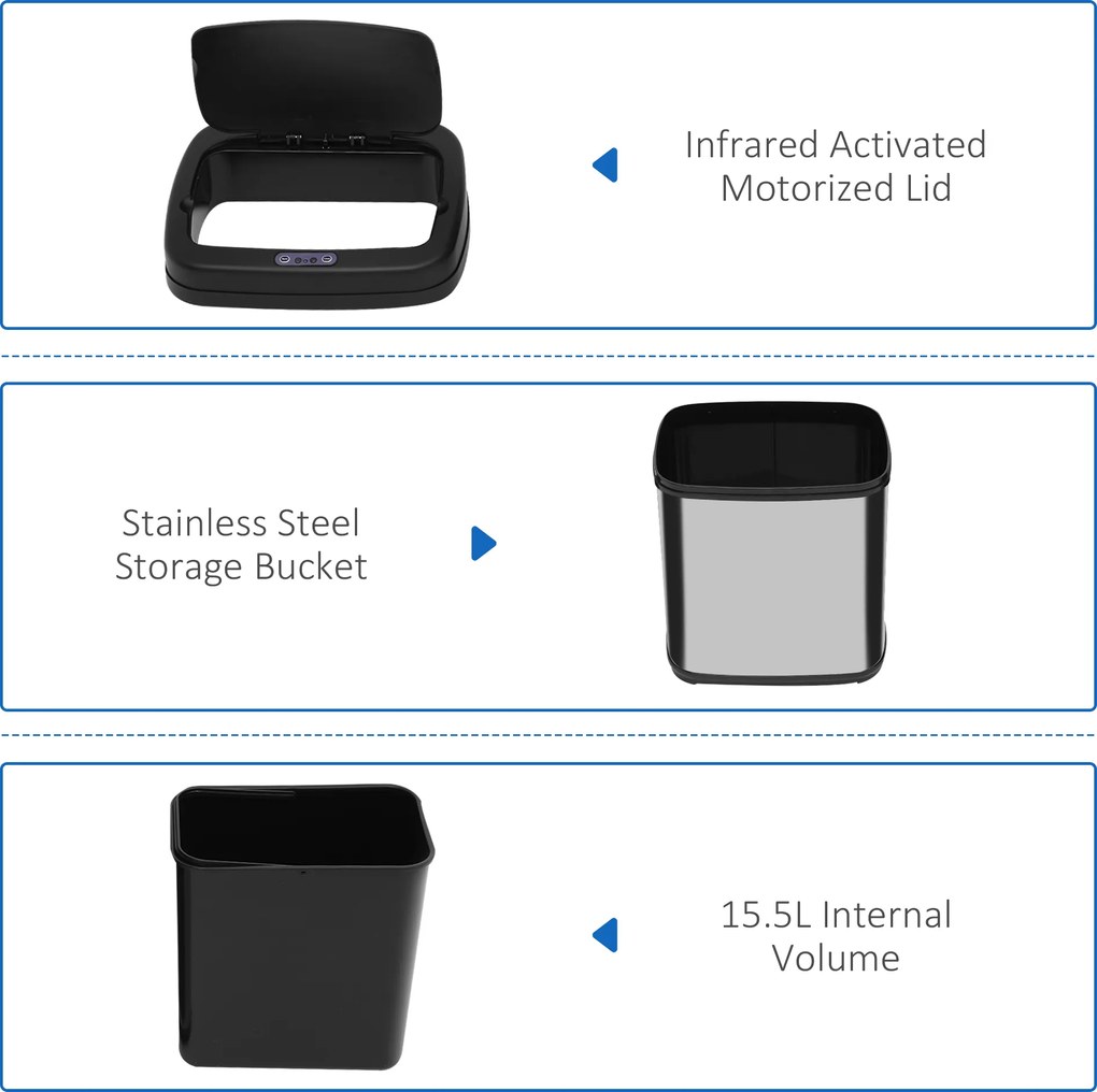 HOMCOM Kosz z czujnikiem 20 L stal nierdzewna Automatyczny kosz na śmieci z czujnikiem ruchu, wkład wewnętrzny 33 x 25 x 42,5 cm Srebrny+Czarny | Aosom PL