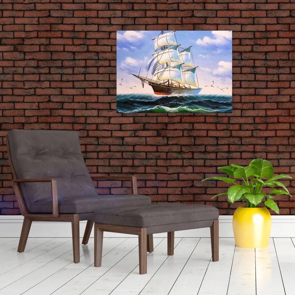 Obraz na szkle statku na falach (70x50 cm)
