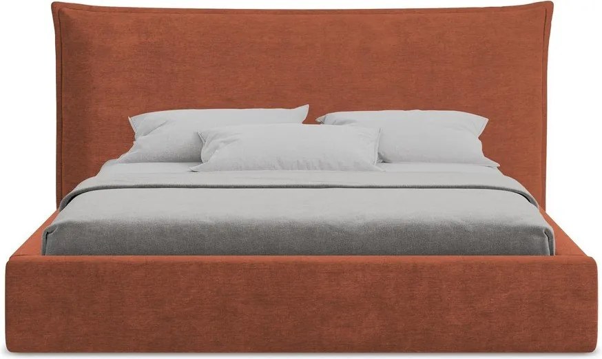 Tapicerowane łóżko dwuosobowe w kolorze terakoty ze schowkiem i stelażem 160x200 cm Esala – Makamii