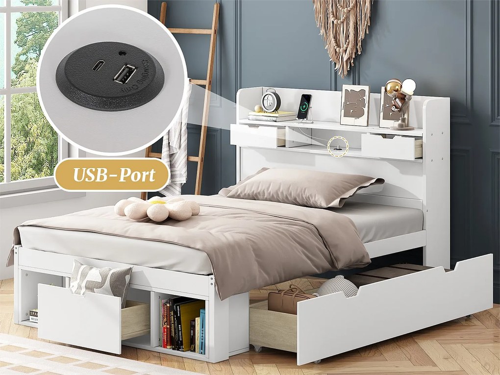 Łóżko dwuosobowe z MDF 90x200 cm - z portem ładowania i wielofunkcyjnymi schowkami - Białe