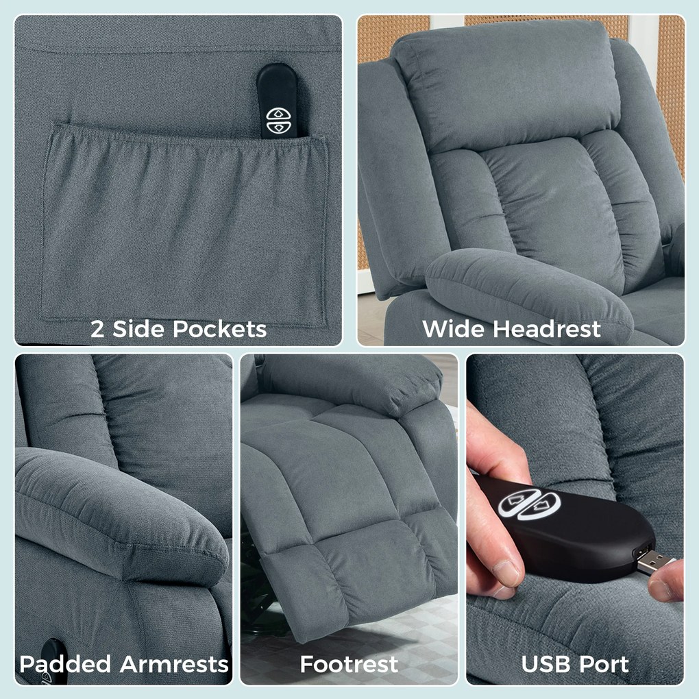 HOMCOM Fotel z funkcją wstawania z miękkim obiciem, Rekliner z pilotem i bocznymi kieszeniami, Szary