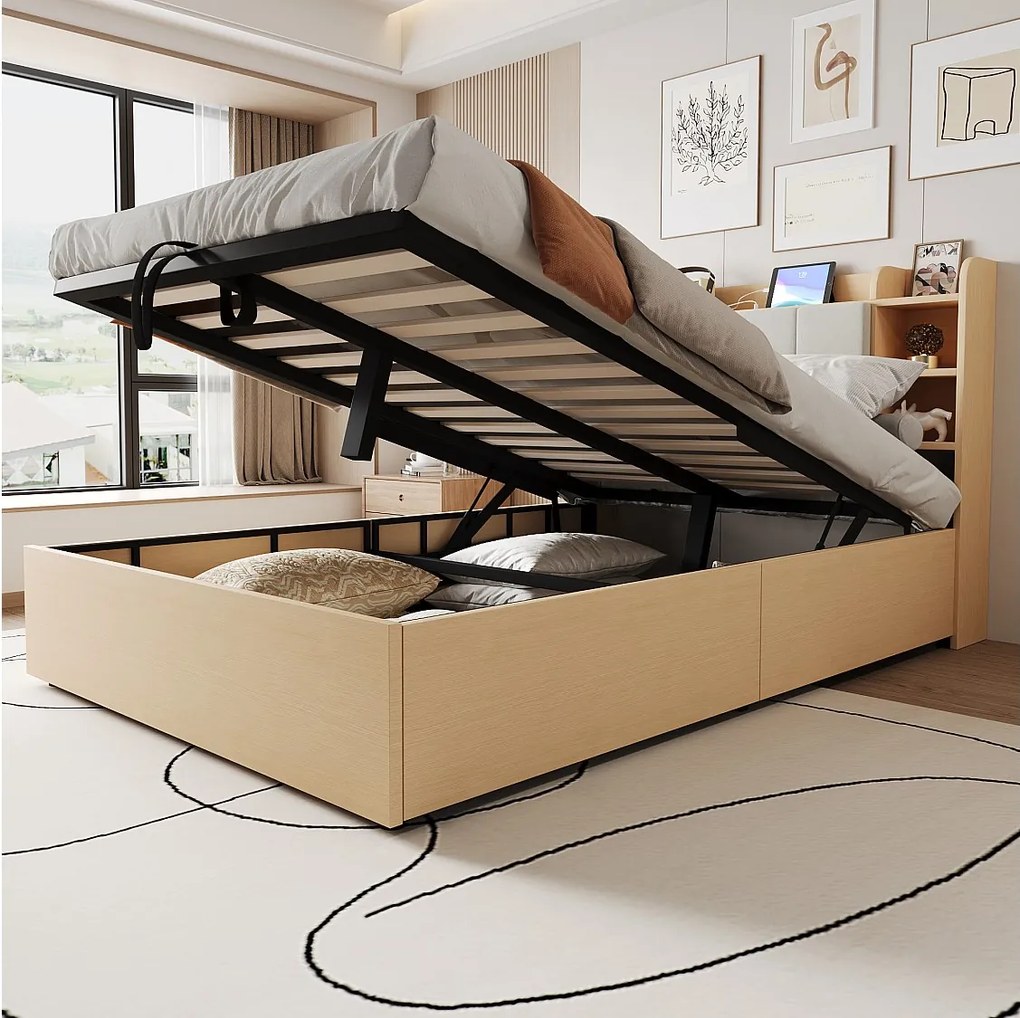 Łóżko dziecięce z pojemnikiem - 140 x 200 cm - zagłówek ze schowkiem - z USB + Type-C - MDF - jasny naturalny