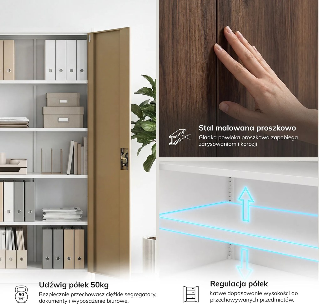 Szafa biurowa metalowa wysoka na dokumenty biała/orzech, 900x1950x400 mm: JAN H Eco Design