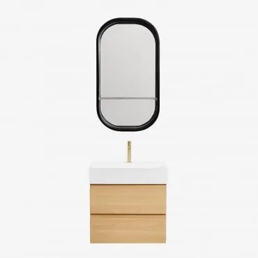 Zestaw Mebli Łazienkowych Z Drewna I Forniru Jesionowego Z Wbudowaną Umywalką Ona Naturalna & Owalny Z Półką - Sklum