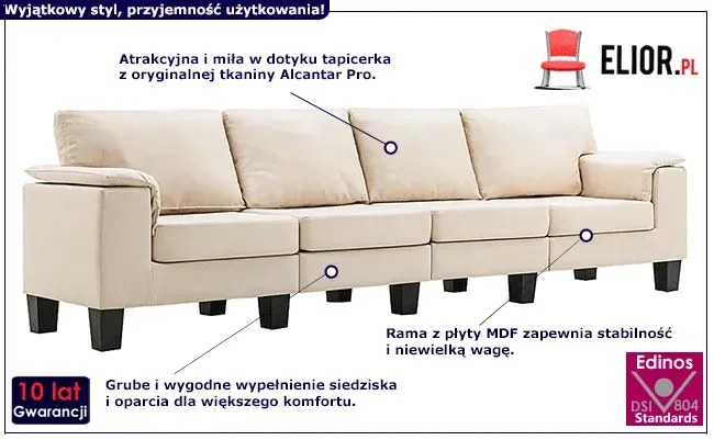 4-osobowa sofa kremowa z podłokietnikami - Ekilore 4Q