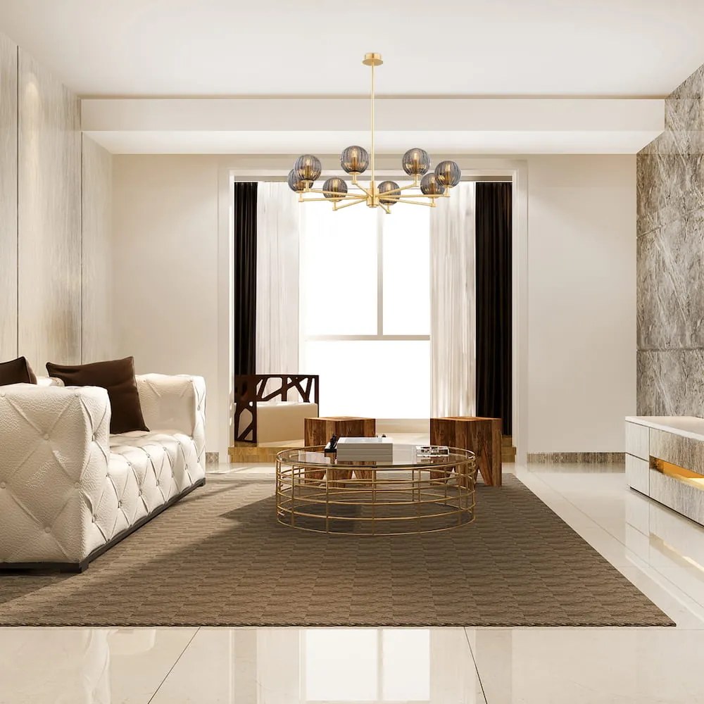 Żyrandol do salonu, złoty - Paloma 8 Glamour -dymione ryflowane klosze, mosiądz szczotkowany