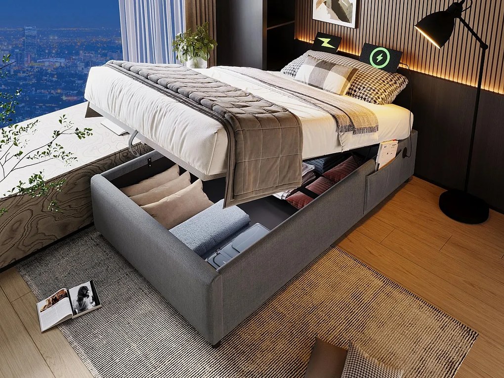 Łóżko tapicerowane 90×200cm - tkanina lniana - z gniazdami do ładowania i stelażem na listwy - Szary