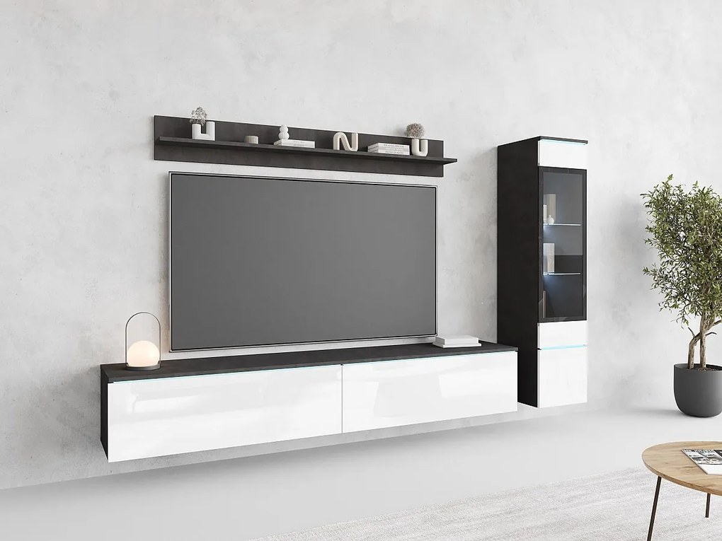 Zestaw mebli do salonu 3 elementy z LED – szafka RTV 180 cm witryna i półka, stojąca lub wisząca, korpus antracyt, fronty biały połysk