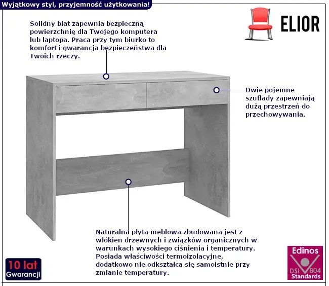 Szare proste biurko z szufladami beton - Dulano