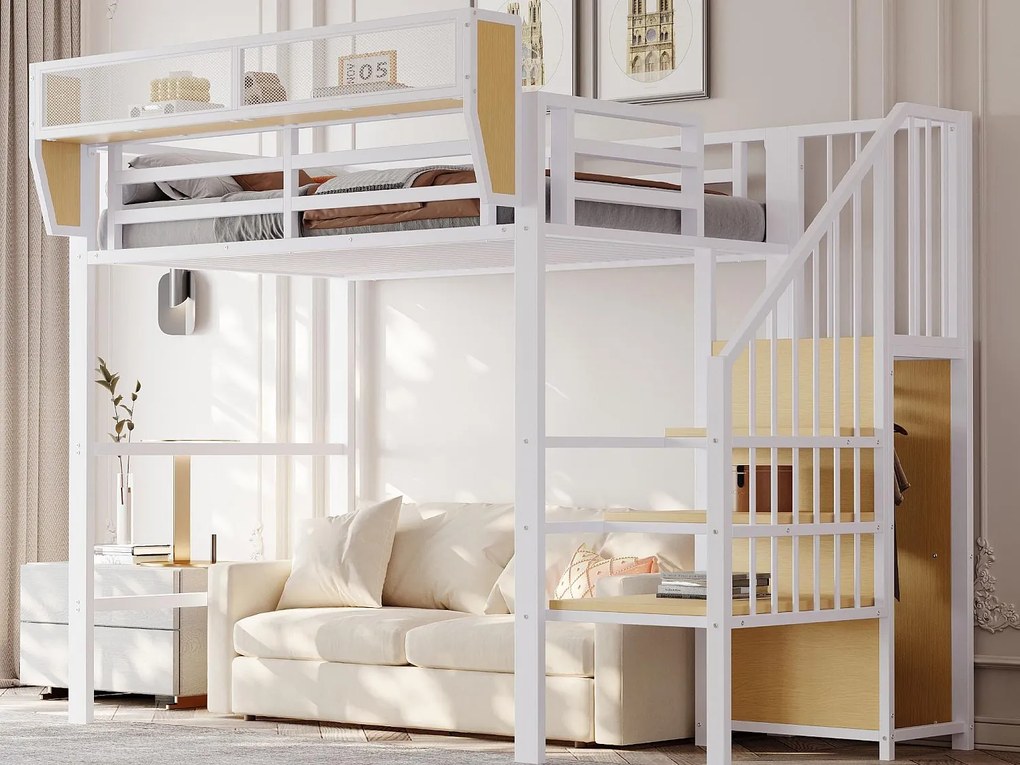 Łóżko antresola 90×200 cm - z drabinką - modułowe schowki - metalowe - białe (bez materaca)