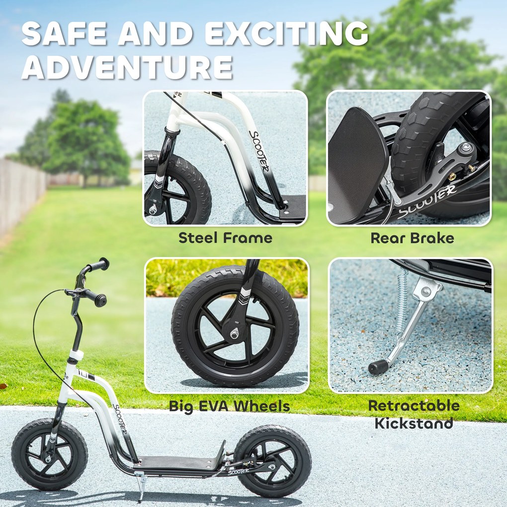 AIYAPLAY Hulajnoga dziecięca z regulowaną kierownicą, dużymi kołami, stojakiem parkingowym, hamulcem ręcznym dla dzieci w wieku 5-12 lat, Biała