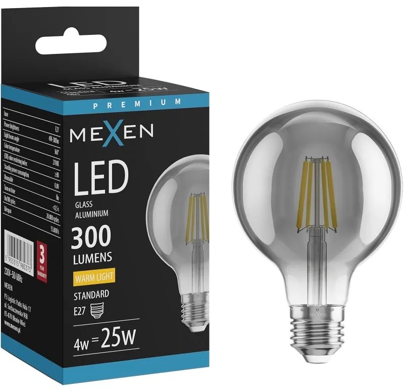 Mexen Vintis żarówka filament LED E27, G80, 4W, Ciepła - 2700K, 300 lm, smoke - L155-E27-0427-70
