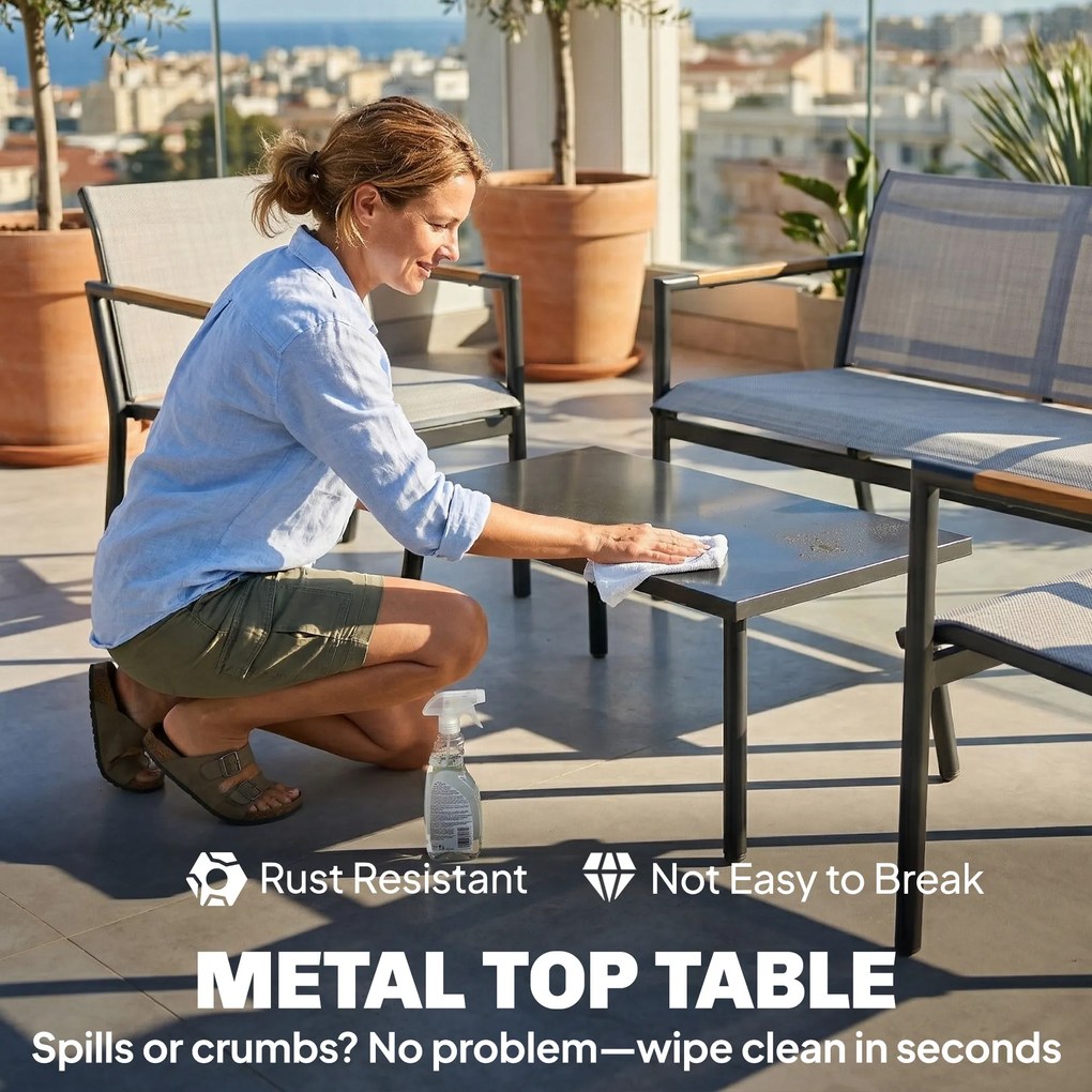 Outsunny Zestaw mebli ogrodowych 4 osobowy sofa dwuosobowa fotele stół metalowy na taras balkon ogród | Aosom PL