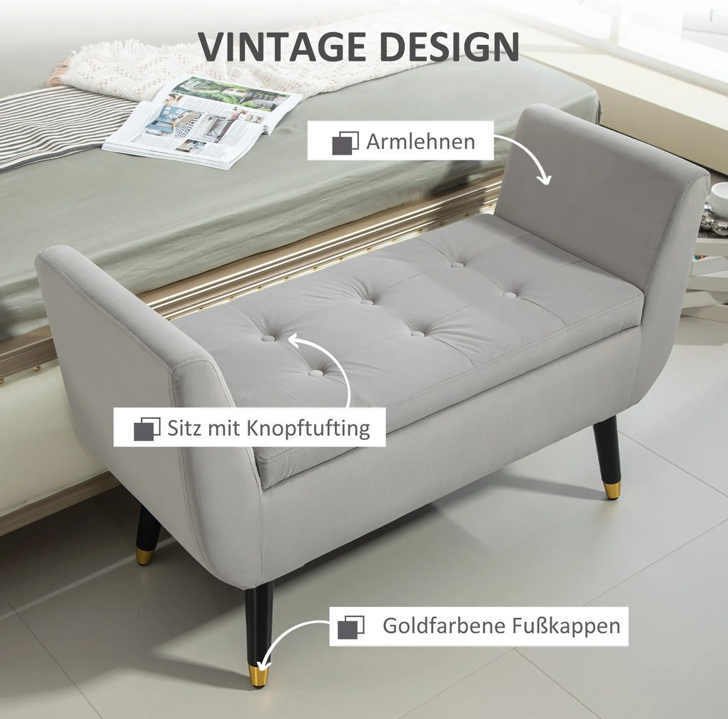 HOMCOM Ławka z miejsca do przechowywania i podłokietnikami, Skrzyniowa, Aksamitny Poliester, Drewno Kauczukowe, Jasnoszary, 107 x 42 x 65 cm