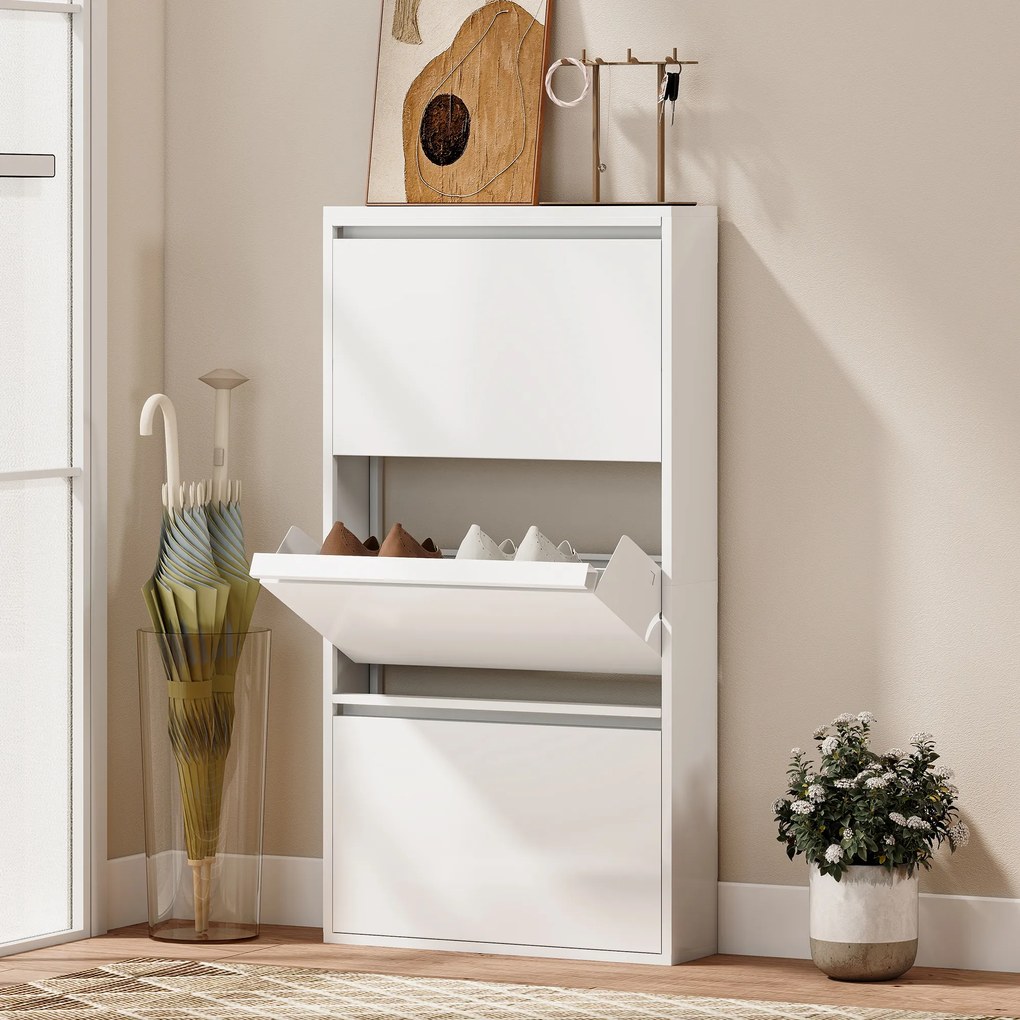 HOMCOM Metalowa szafka na buty z 3 uchylnymi półkami, wąska szafka na buty montowana na ścianie, na 6 par butów, biała | Aosom PL