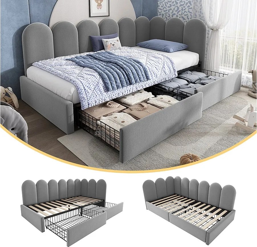 Łóżko tapicerowane dla dzieci z pojemnikiem - 90 x 200 cm - z 2 szufladami + stelaż - sofa rozkładana - welur - szary
