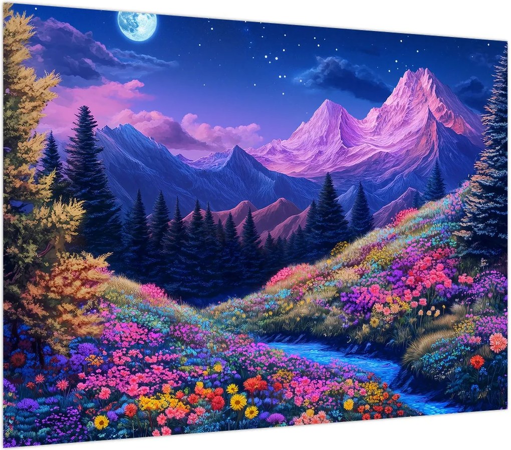 Obraz - Fioletowy krajobraz przy pełni księżyca (70x50 cm)