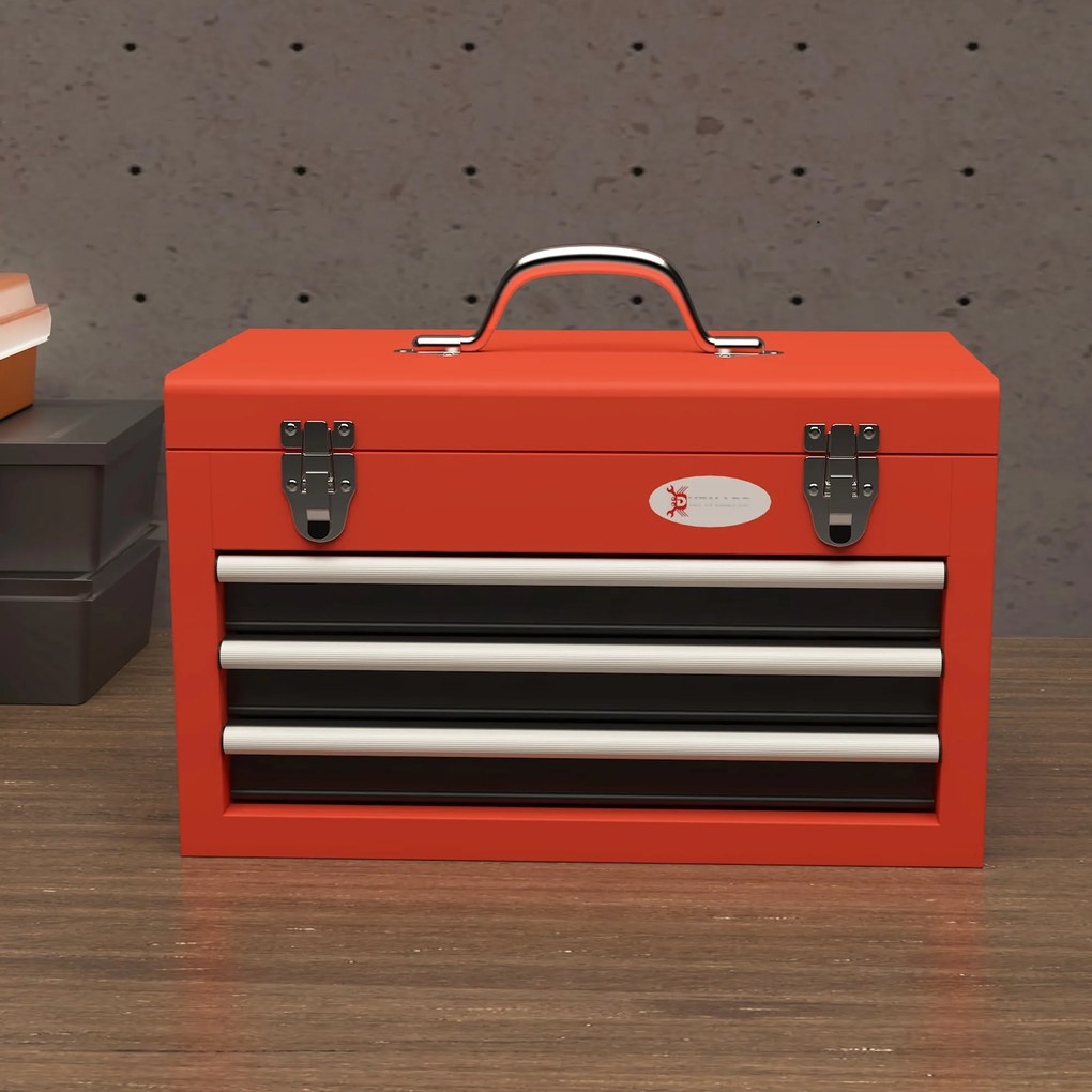 DURHAND Skrzynka narzędziowa z 3 szufladami, 1 komorą, solidne stalowe zamki, 45 x 24 x 27 cm, Czerwona
