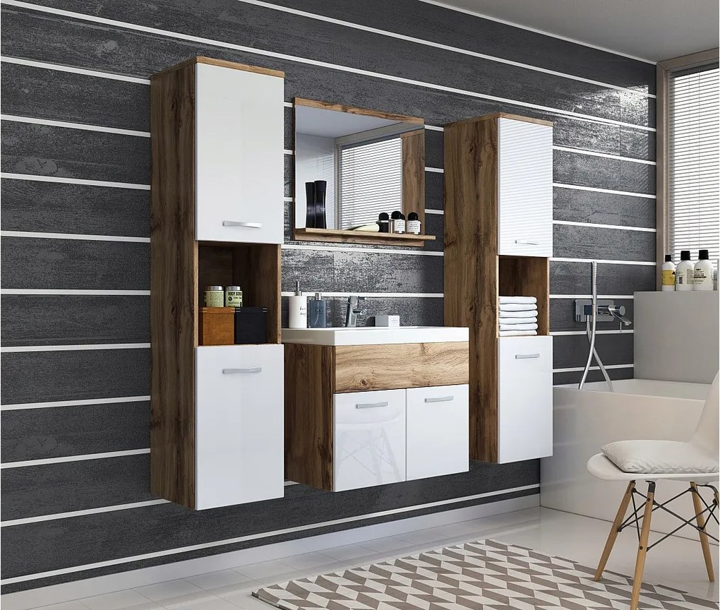 Zestaw mebli łazienkowych, komplet wiszący z umywalką, lustrem i 2 słupkami, korpus wotan fronty biały połysk