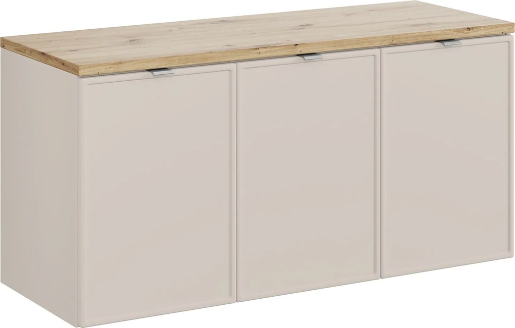 Trzydrzwiowa szafka łazienkowa Bella 120 cm z blatem, kaszmir/dąb artisan