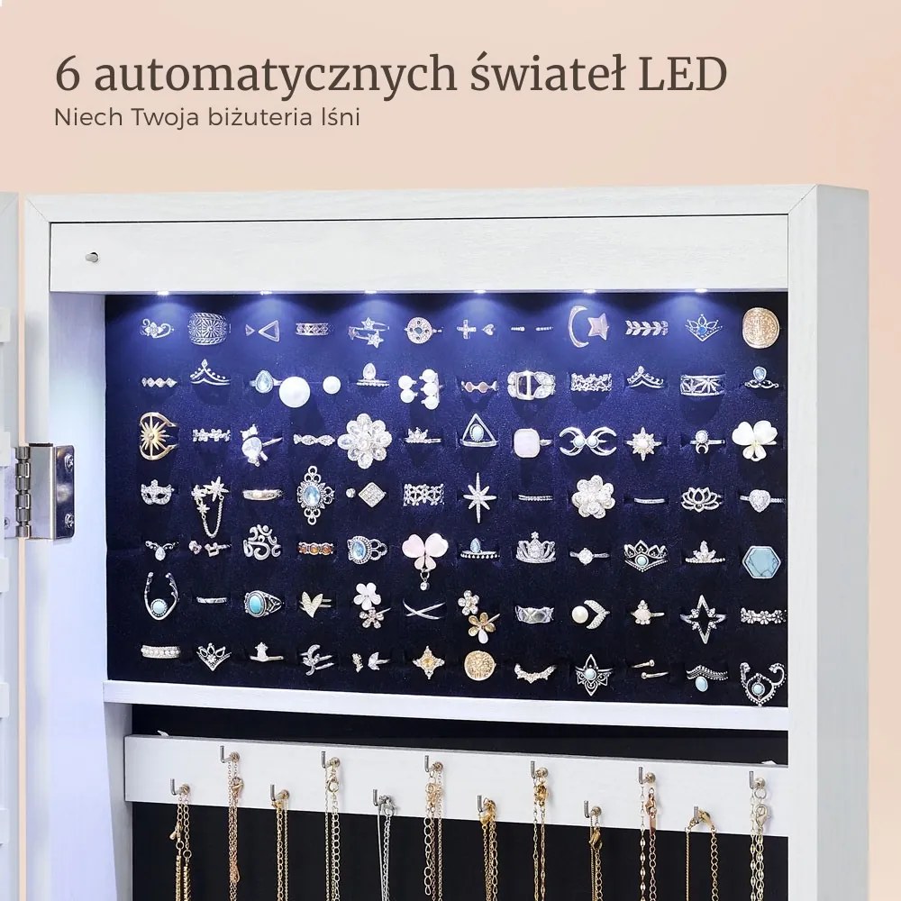 Ścienna szkatułka na biżuterię z lustrem JEWELIA z oświetleniem LED, 10x37x120 cm, biała SongmicsHome