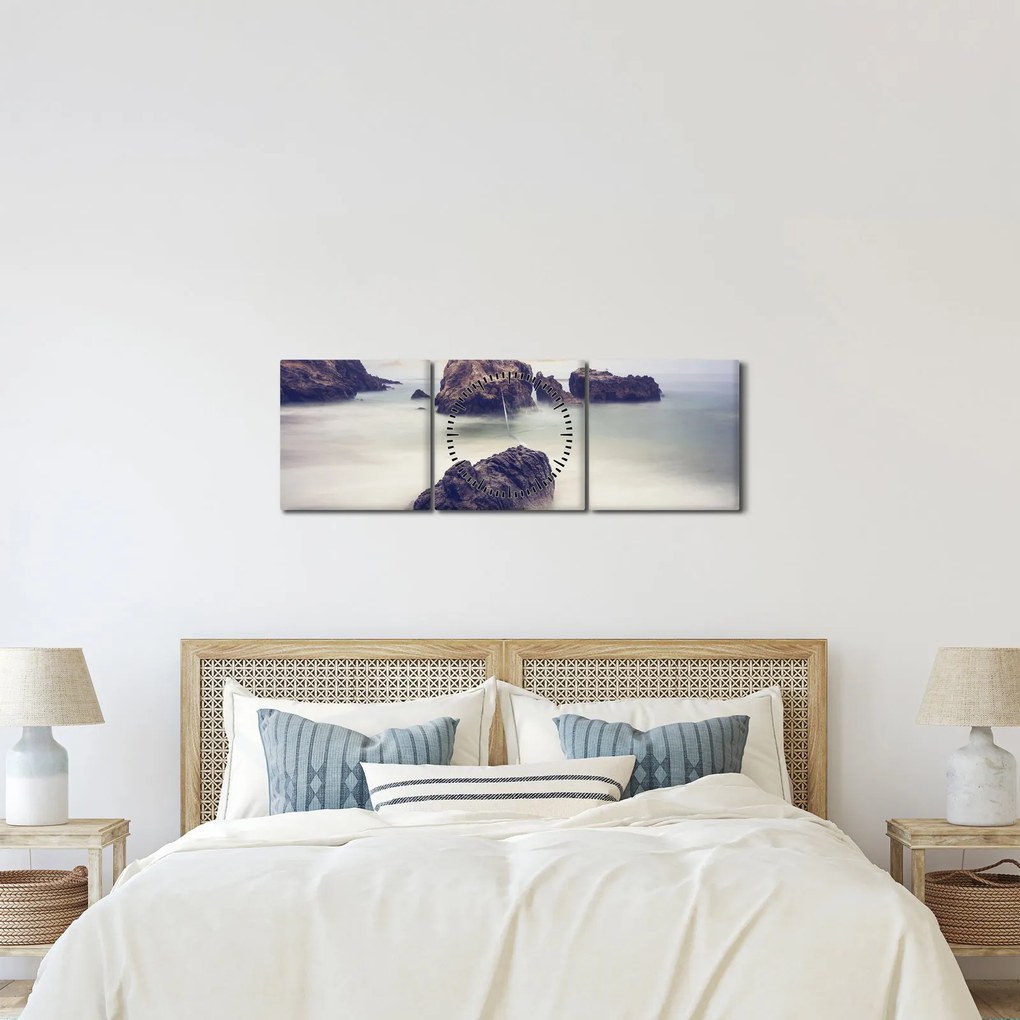 Obraz klifów we mgle (z zegarem) (90x30 cm)