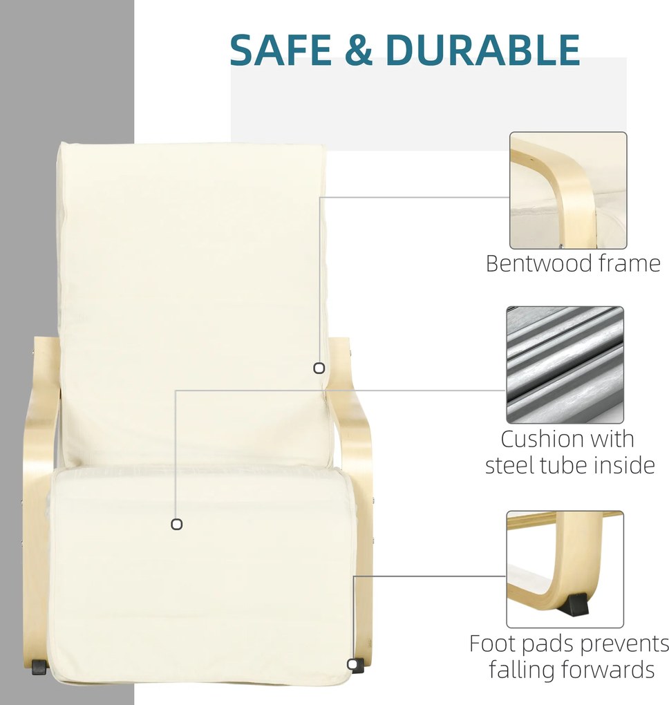 HOMCOM Leżak z Poduszką, Regulowany Podnóżek w 5 Pozycjach, Drewno Brzozowe, do 120 kg, 66,5 x 94 x 100 cm, Kremowy