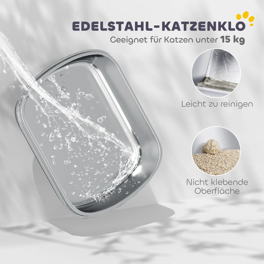 PawHut Kuweta ze stali nierdzewnej, toaleta dla kota z wysokim brzegiem, wanienka, w zestawie łopatka, dla dużych kotów, 53x42x27cm, antracytowy | Aosom PL