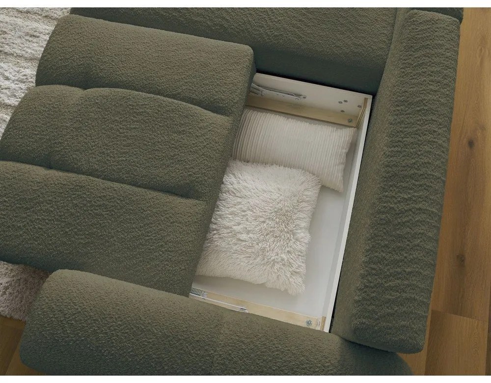 Rozkładany/ze schowkiem narożnik z materiału bouclé (lewostronny/z szezlongiem) w kolorze khaki Roxelane – Bobochic Paris