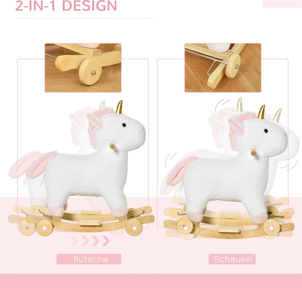 HOMCOM Koń na biegunach 2 w 1 zwierzak na biegunach huśtawka dla dzieci zabawka dzieci dźwięki kółko kolor biały