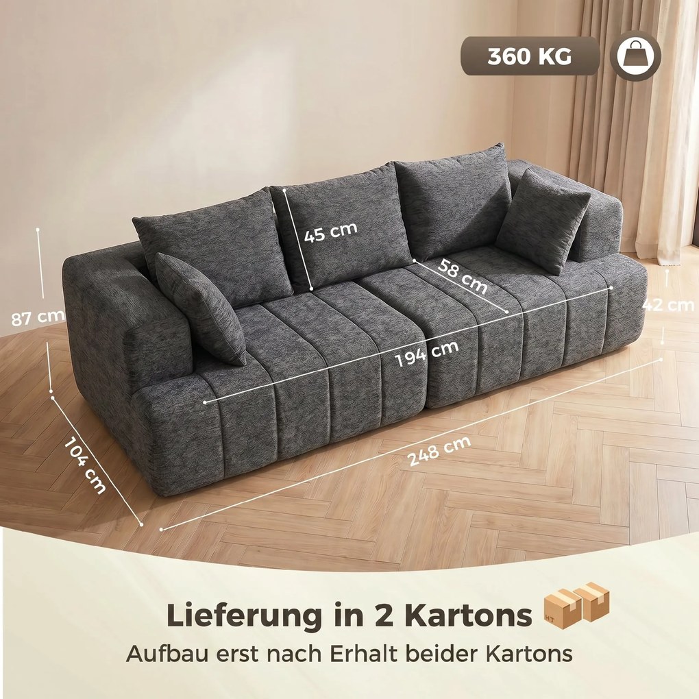 HOMCOM Sofa 3-osobowa, Cloud-sofa z Chenille z grubą warstwą i kieszeniowymi sprężynami, szerokie i głębokie siedzisko, szerokie podłokietniki, poduszki, szara | Aosom PL