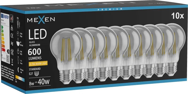 Mexen Vintis 10x żarówka filament LED E27, A60, 8W, Ciepła - 2200K, 600 lm, smoke - L150-E27-0822-70x10