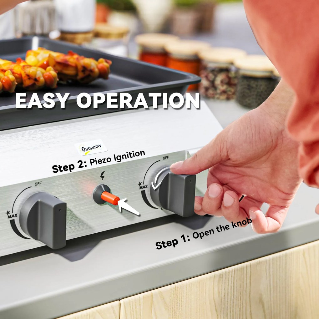 Outsunny Grill Gazowy 8000BTU/2,4 KW z 2 Palnikami ze Stali Nierdzewnej 44 x 44,5 x 19 cm Srebrny+Czarny