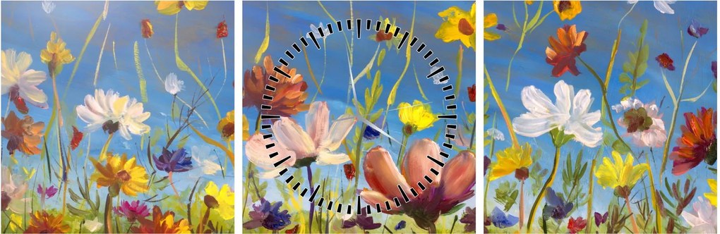 Malowany obraz kwitnącej łąki (z zegarem) (90x30 cm)