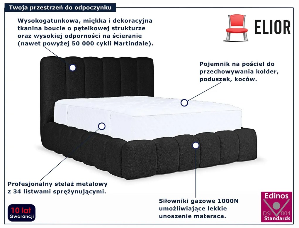 Czarne łóżko tapicerowane tkaniną boucle 5 rozmiarów N3-E66