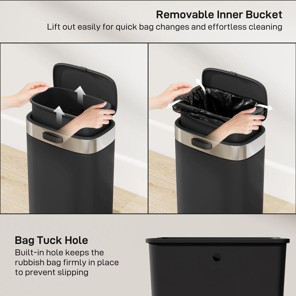 HOMCOM Kosz na śmieci, stal nierdzewna, kuchenny kosz z pokrywą pozostającą otwartą, wyjmowany wkład, 21,5x19,5x30 cm, czarny