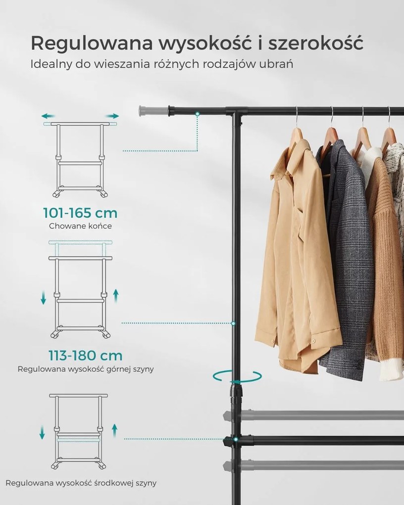 Stojak na ubrania dwupoziomowy JASON, 101-165x49x113-180cm, czarny SongmicsHome