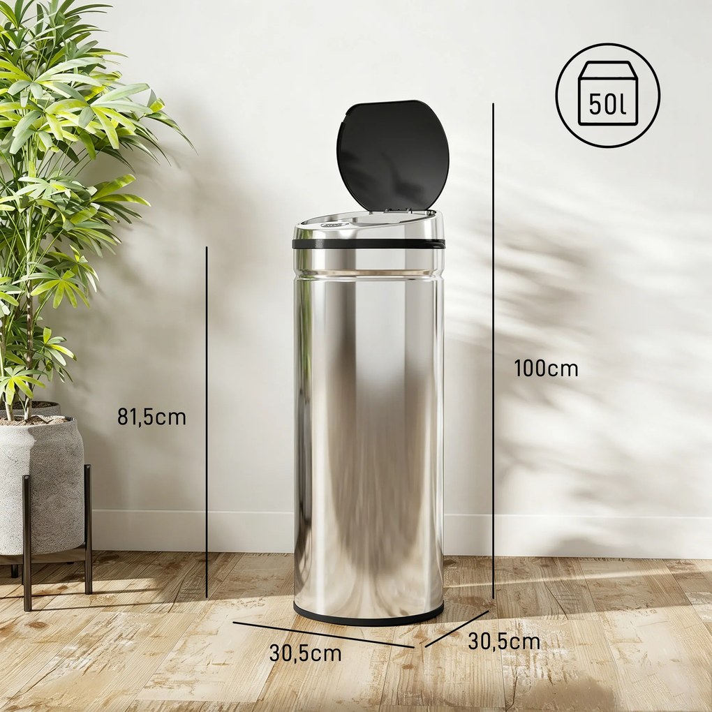 HOMCOM 50 L Kosz z czujnikiem, Automatyczny kosz na odpady, Stalowy kosz kuchenny z czujnikiem podczerwieni, do kuchni, jadalni | Aosom PL