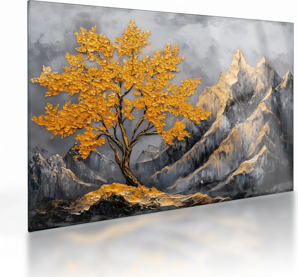 Obraz na szkle – Złote drzewo w górach (70x50 cm)