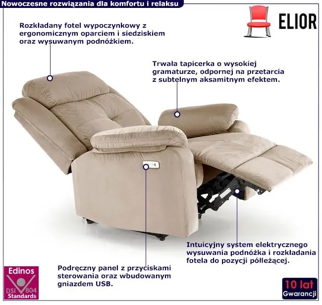 Beżowy rozkładany fotel z gniazdem usb W9-S44