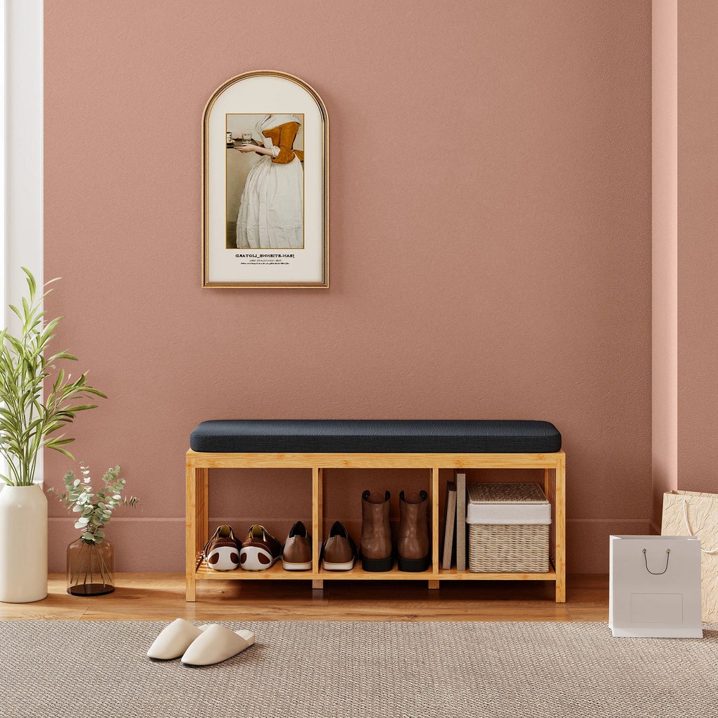 HOMCOM Bambusowa ławka na buty, ławka do przedpokoju z miękkim siedziskiem i otwartą półką, naturalny bambus | Aosom PL