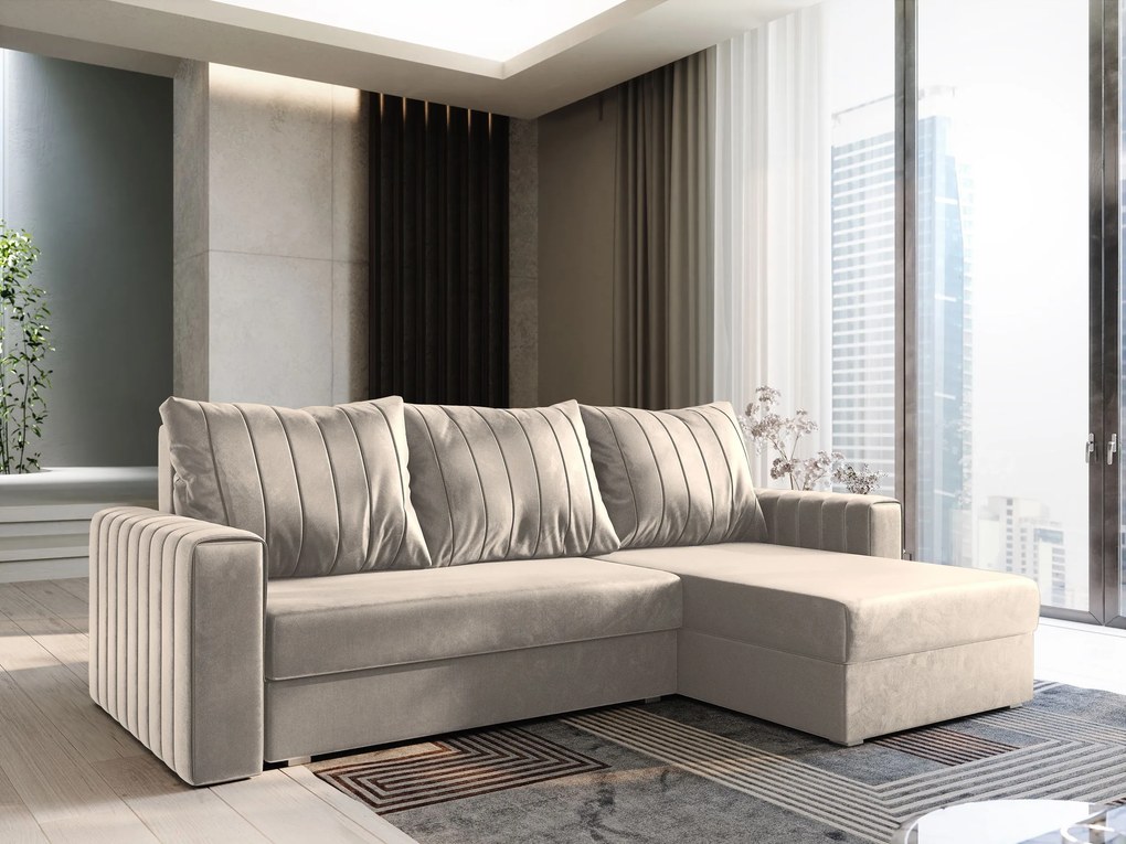 Masseno Narożnik CARL z funkcją spania i pojemnikiem na pościel Narozniki L, Rozkładana sofa - Beżowy, PAROS 02