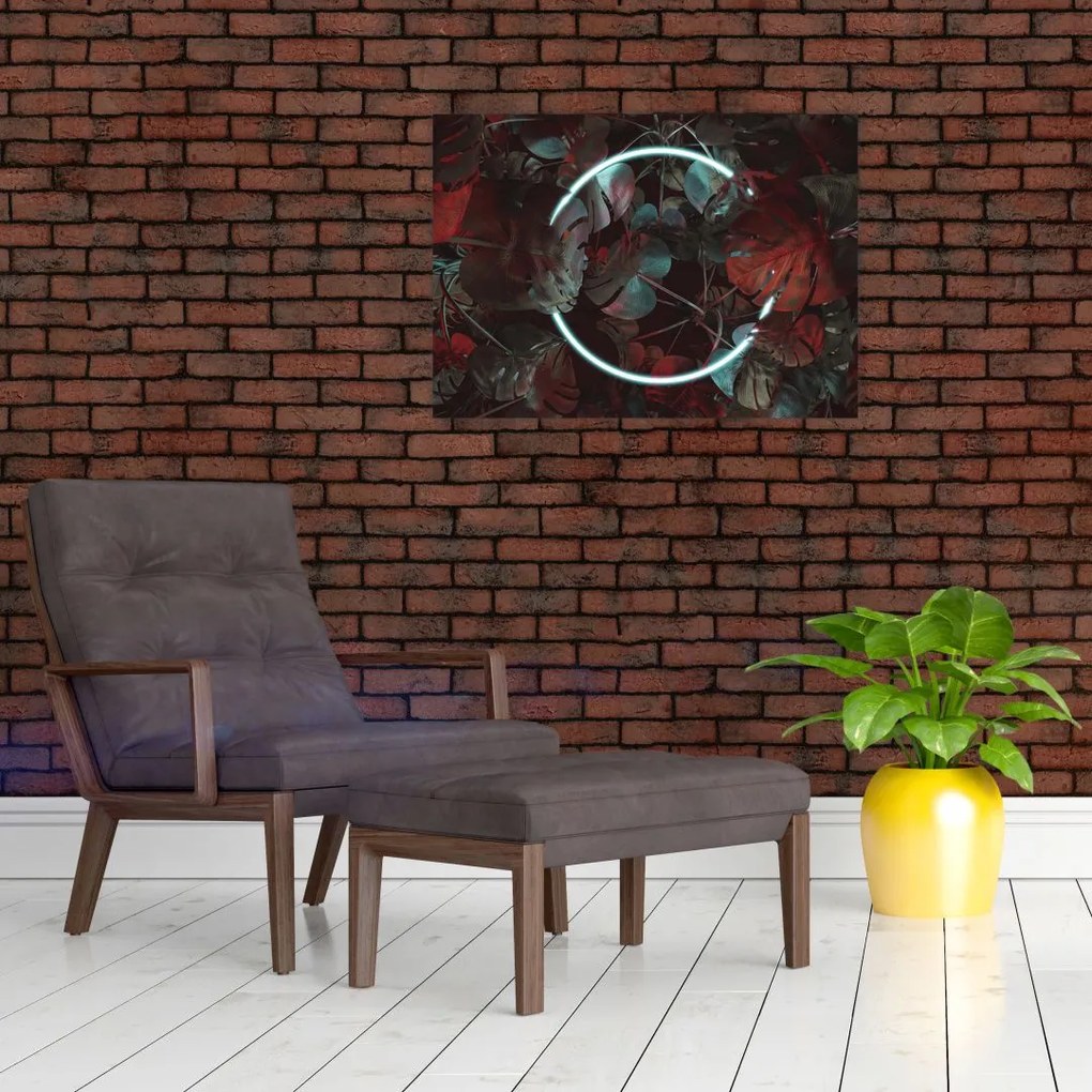Obraz na szkle - Neonowe koło między palmami (70x50 cm)