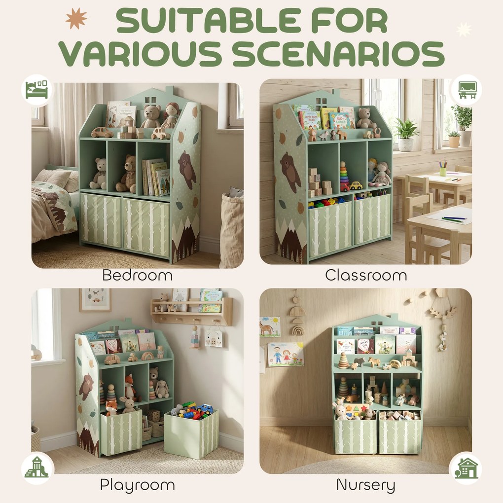 AIYAPLAY Dziecięcy regał na książki z 2 materiałowymi szufladami, dla dzieci w wieku 3-8 lat, 62,5x30x91,5 cm, zielony | Aosom PL
