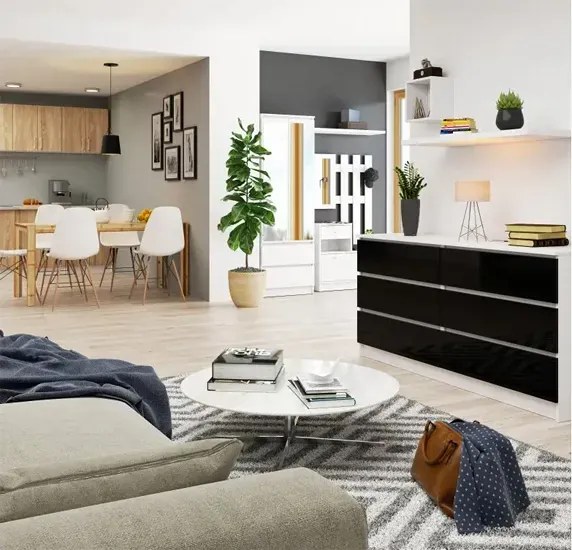 Nowoczesna komoda w połysku z szufladami biały + czarny K8-H66